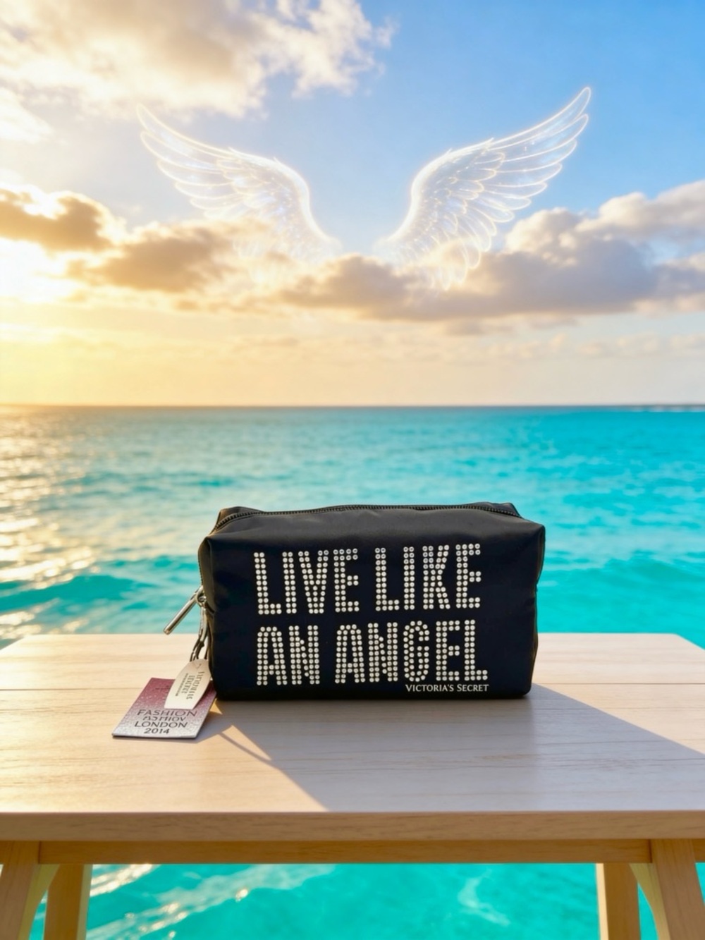 2014 RARE Victoria's Secret Black Studded 'Live Like An Angel' Cosmetic Bag
